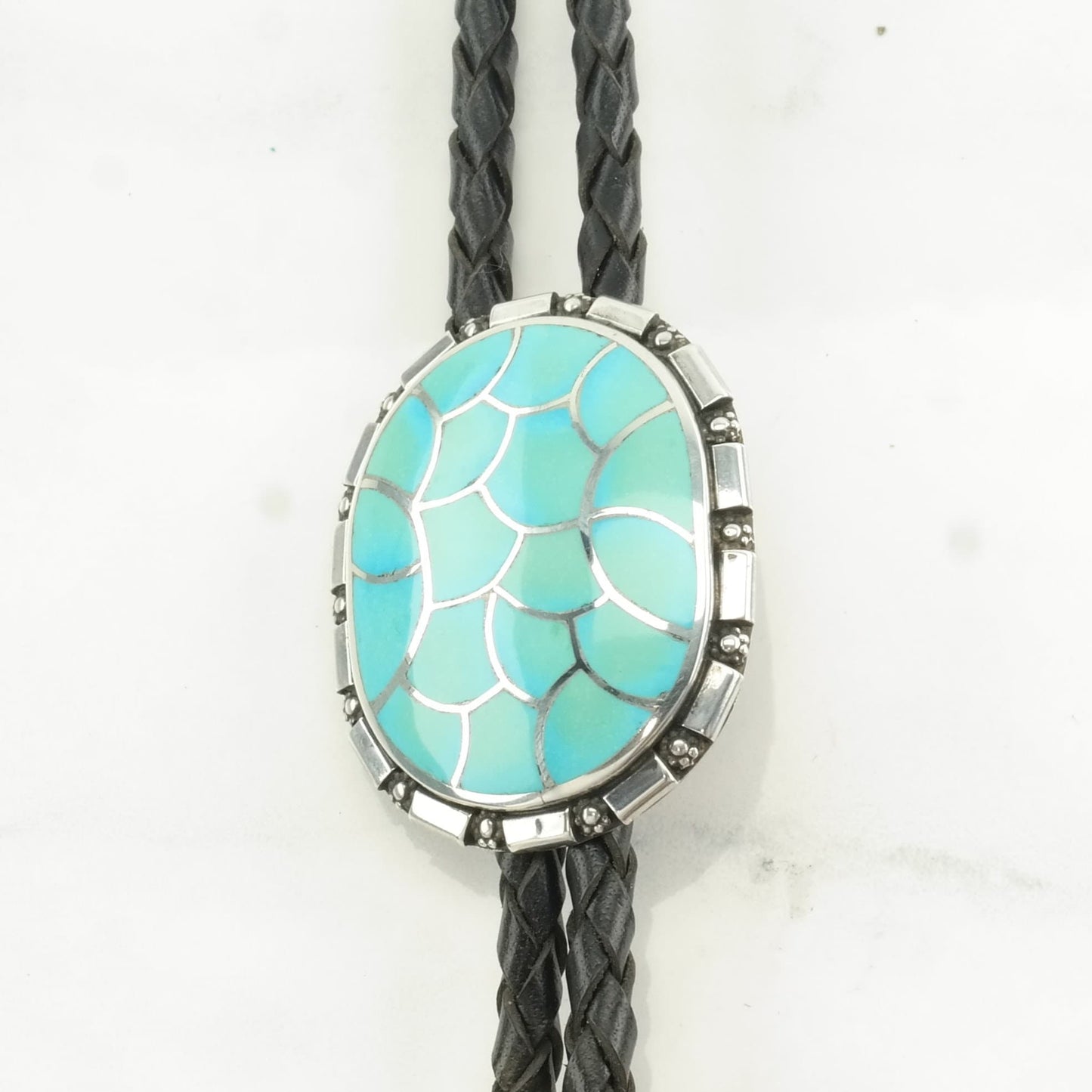 Zuni Turquoise Fish Scale Inlay Bolo Tie Native American Sterling Silver Blue Necklace