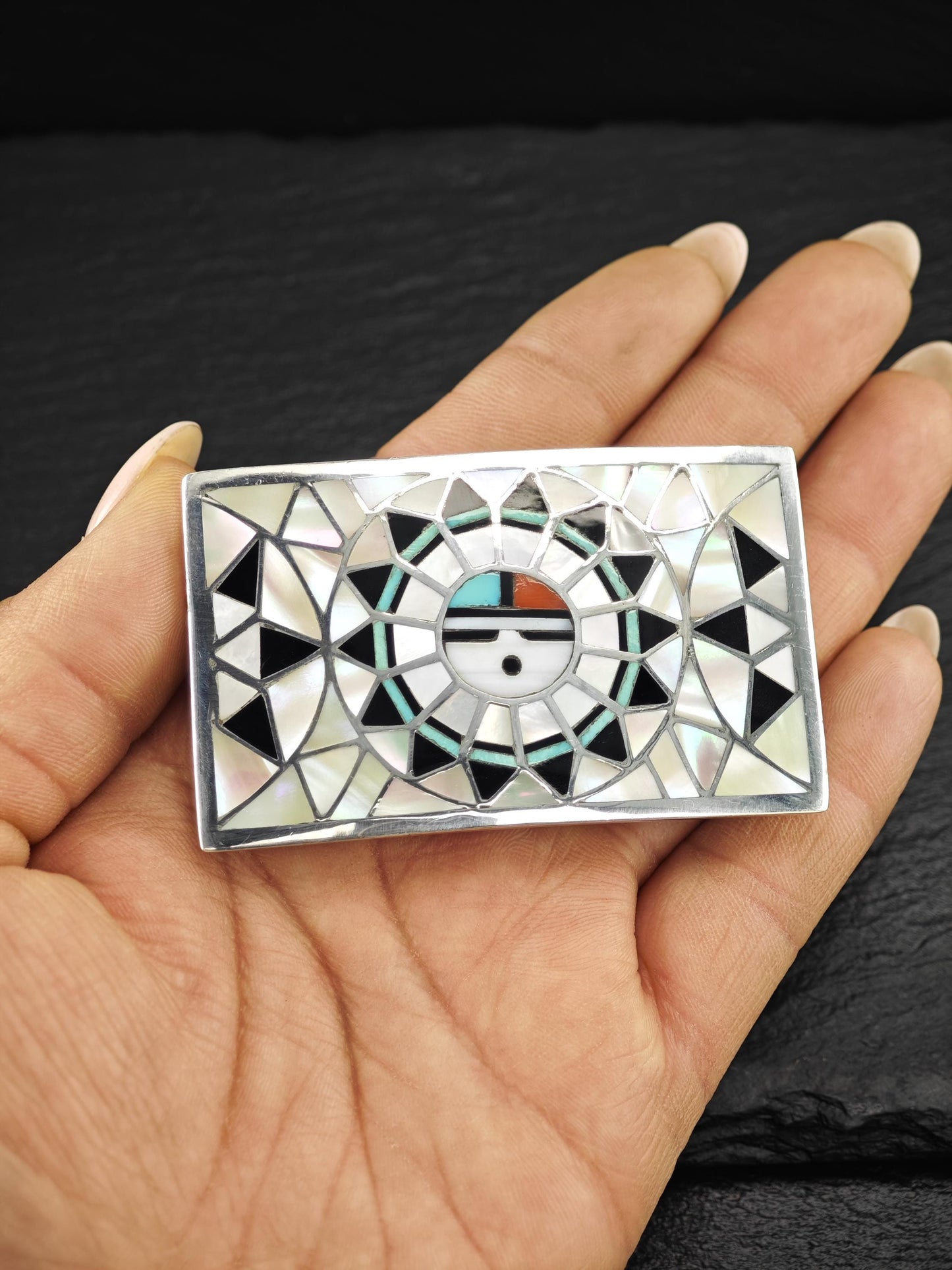 Zuni, Native American Sunface, Inlay Belt Buckle Sterling Silver