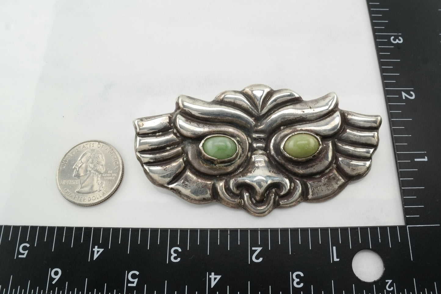 Large Taxco Ghoul Face Brooch Sterling Silver Green Peruvian Jade