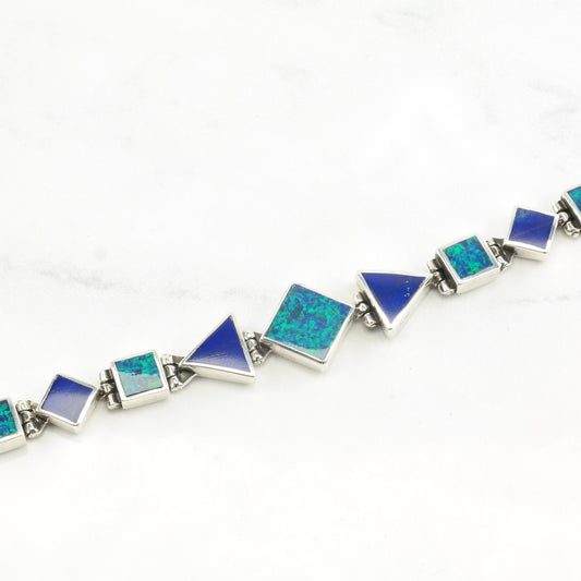 Southwest Sterling Silver Link Bracelet Sparkling Lapis Lazuli Lab Opal Inlay Geometric