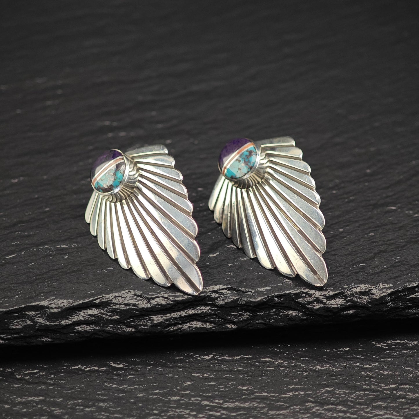 Native American Turquoise, Coral, Sugilite Wings Stud Earrings Sterling Silver