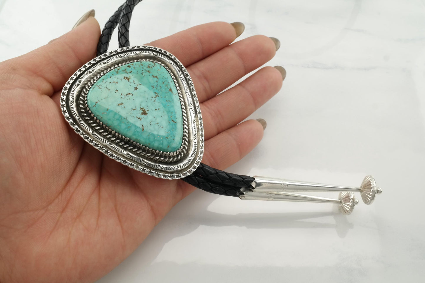 Native Sterling Silver & Kingman Turquoise Bolo Tie, Ca. 1970s N2348