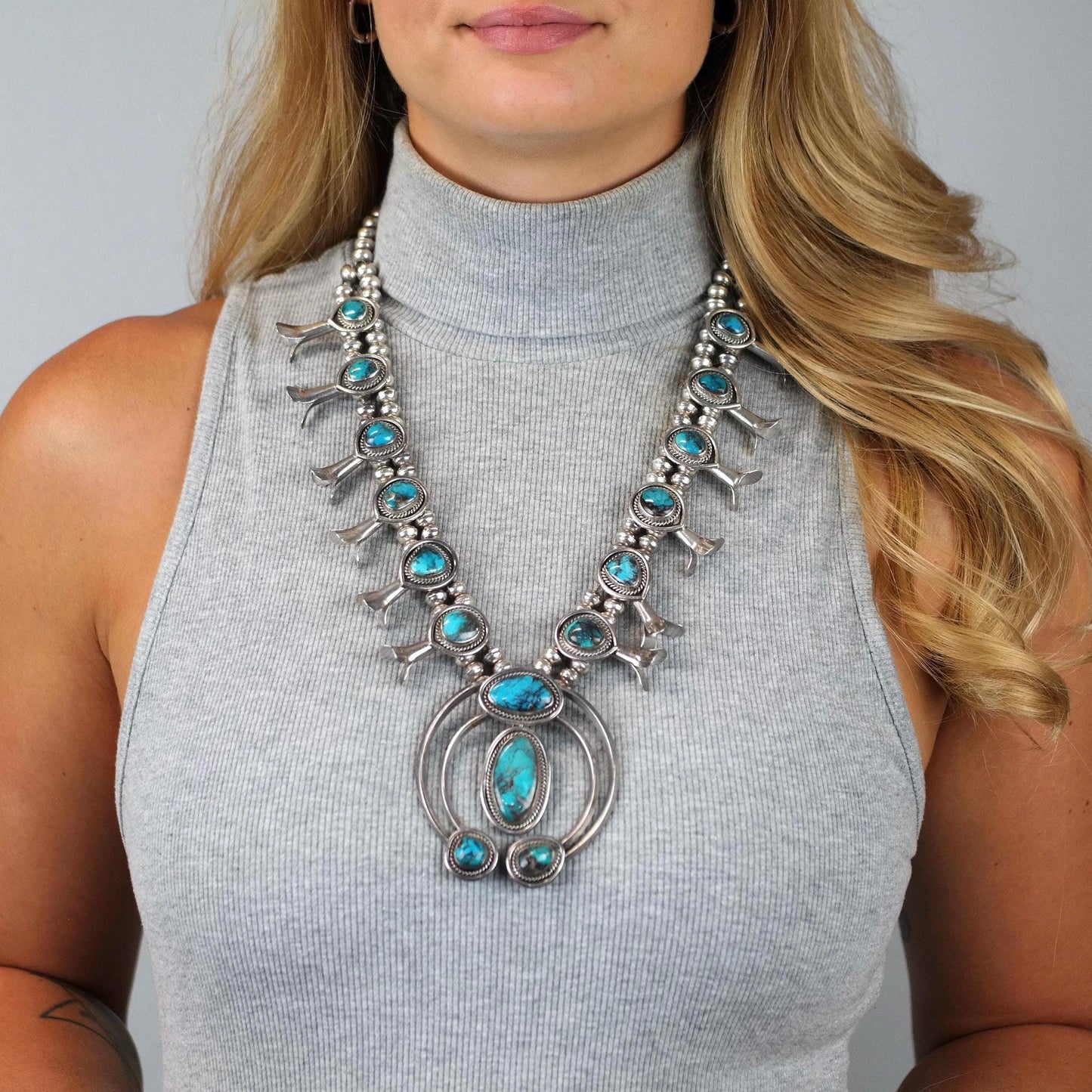 Native American Blue Smokey Bisbee, Large Squash Blossom Necklace Sterling Silver