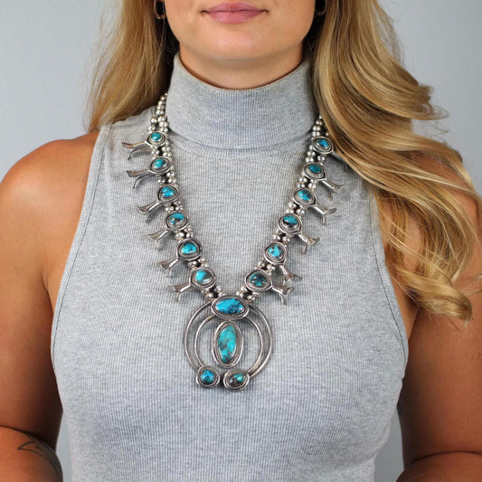 Native American Blue Smokey Bisbee, Large Squash Blossom Necklace Sterling Silver
