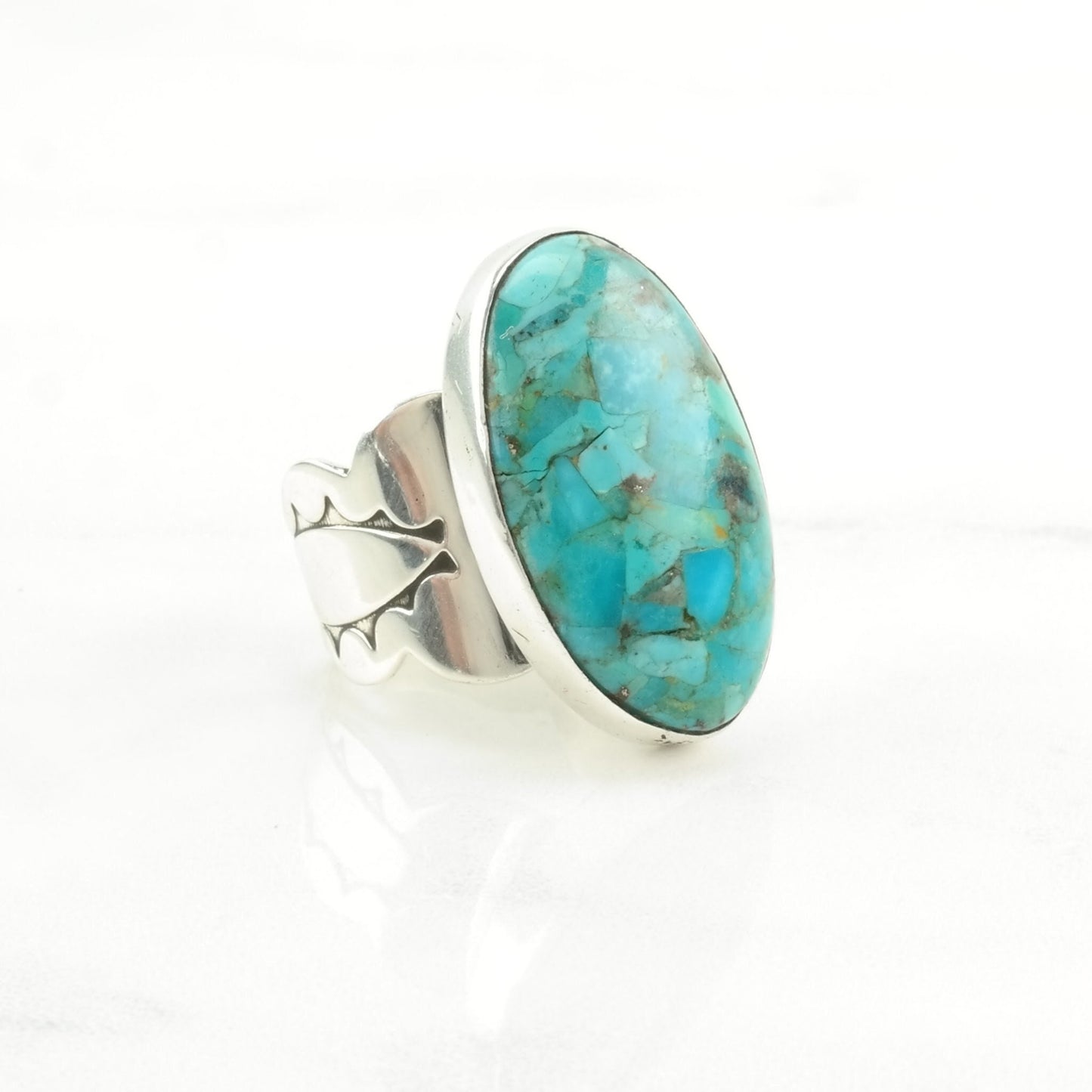 DTR Silver Ring Reconstituted Turquoise, Stamped Band Sterling Blue Size 7 1/4