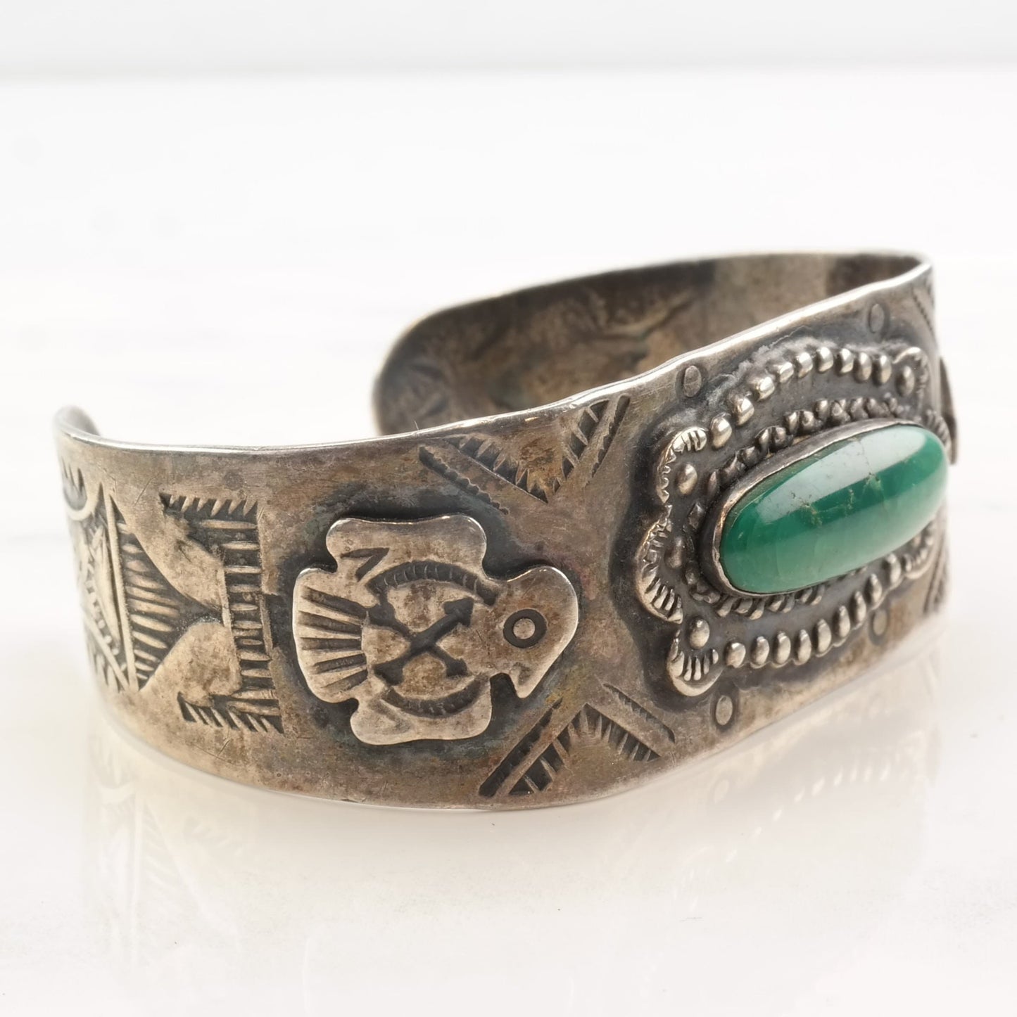 Native American Sterling Silver Cerillos Turquoise Eagle Fred Harvey Era Cuff Bracelet