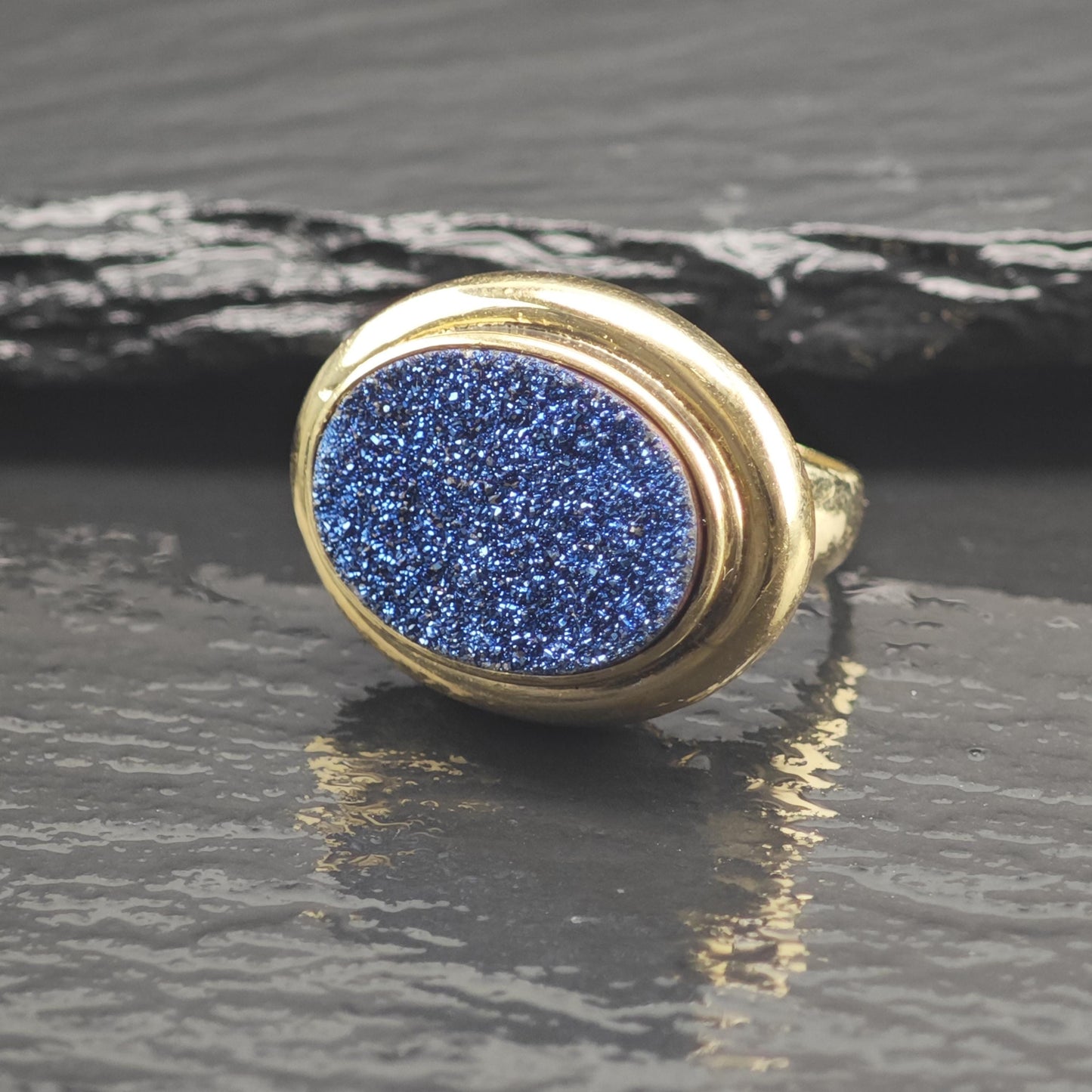 Blue Druzy Gold Plated Sterling Silver Ring Sz 6 1/4 R6678