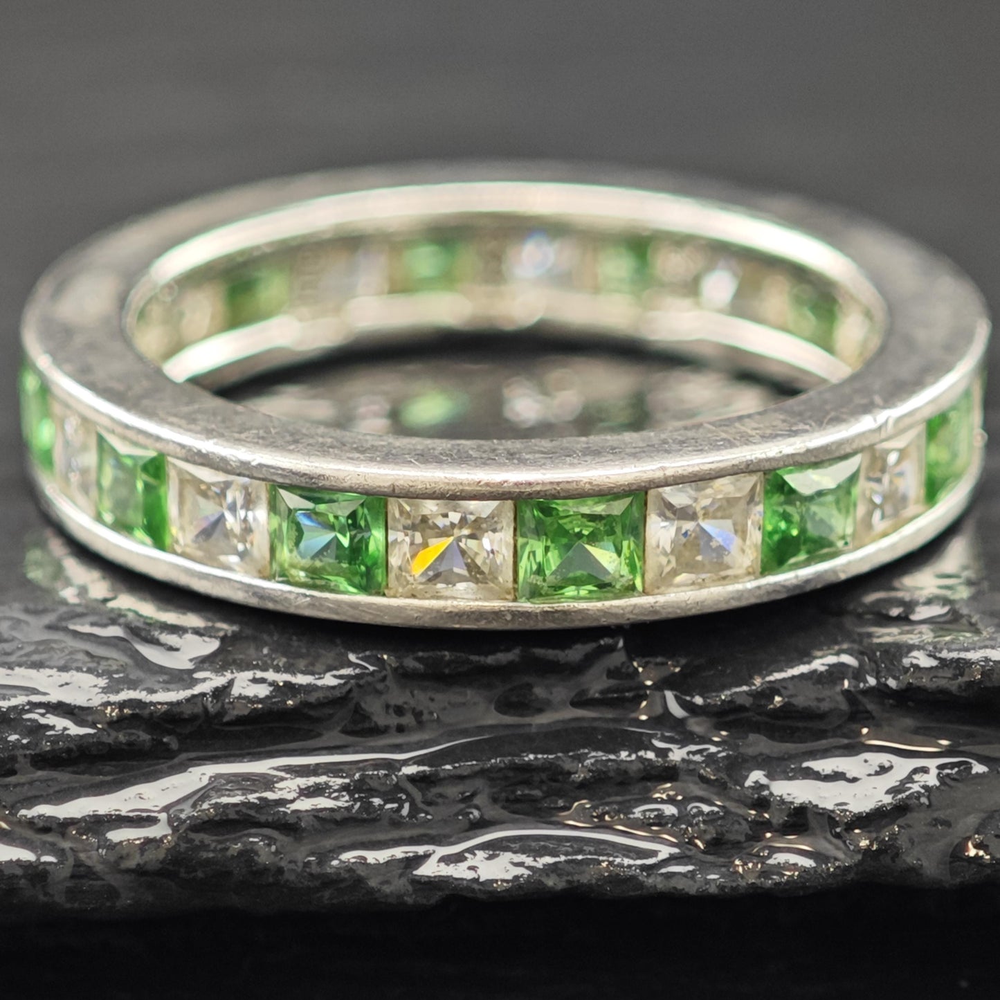 Sterling Silver Ring Green and White CZ Band Size 9 R6046