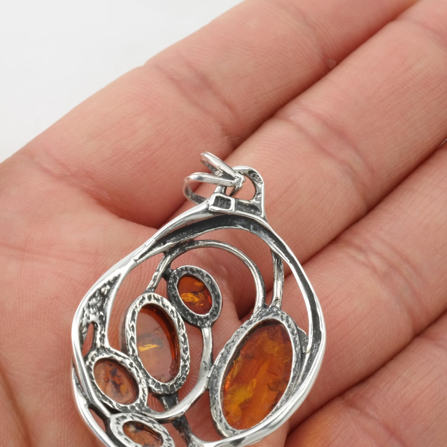 Art Nouveau Style Amber Sterling Silver Pendant