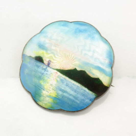 Gustav Gaudernack Sterling Silver Brooch Sunrise, Water, Scene Enamel