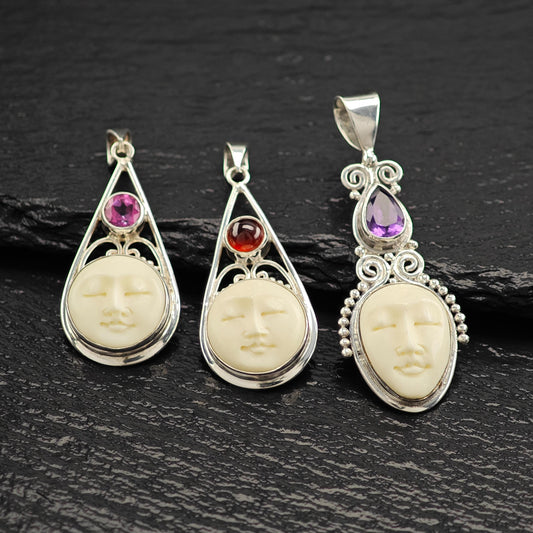 Choice of Bali Princess, Carved Face Pendant Sterling Silver