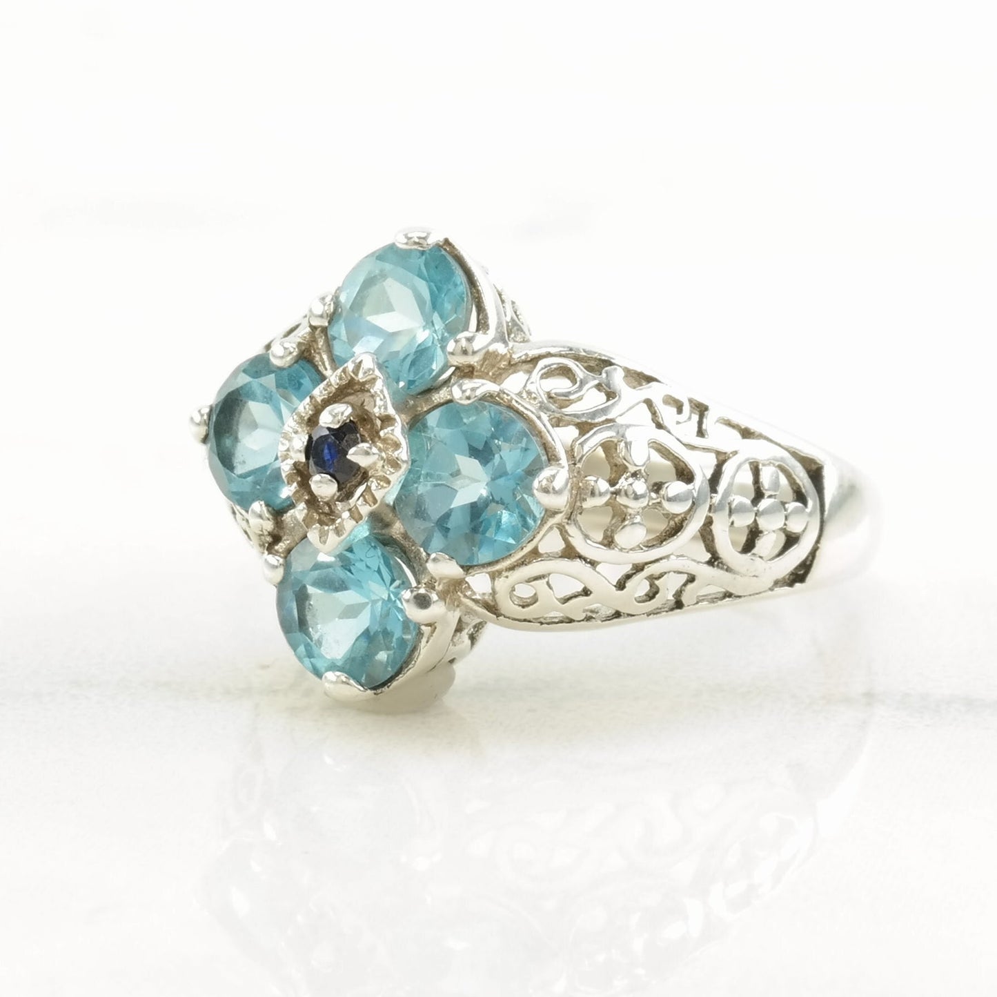 Sterling Silver Ring Topaz, Sapphire Flower Size 6