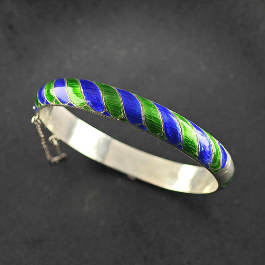 Blue, Green Striped Enamel Sterling Silver Bangle Bracelet Sz 7 1/4" BR3189