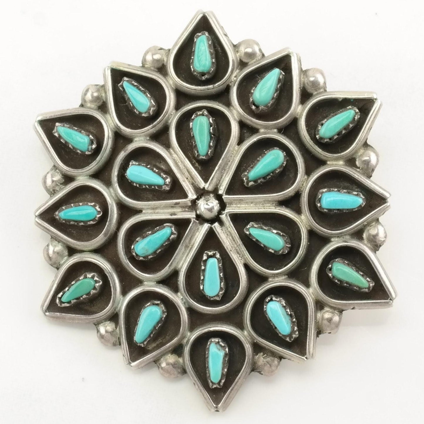 Vintage Zuni Sterling Silver Brooch Pendant Floral Blue Petit Point Turquoise