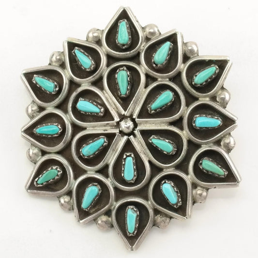 Vintage Zuni Sterling Silver Brooch Pendant Floral Blue Petit Point Turquoise