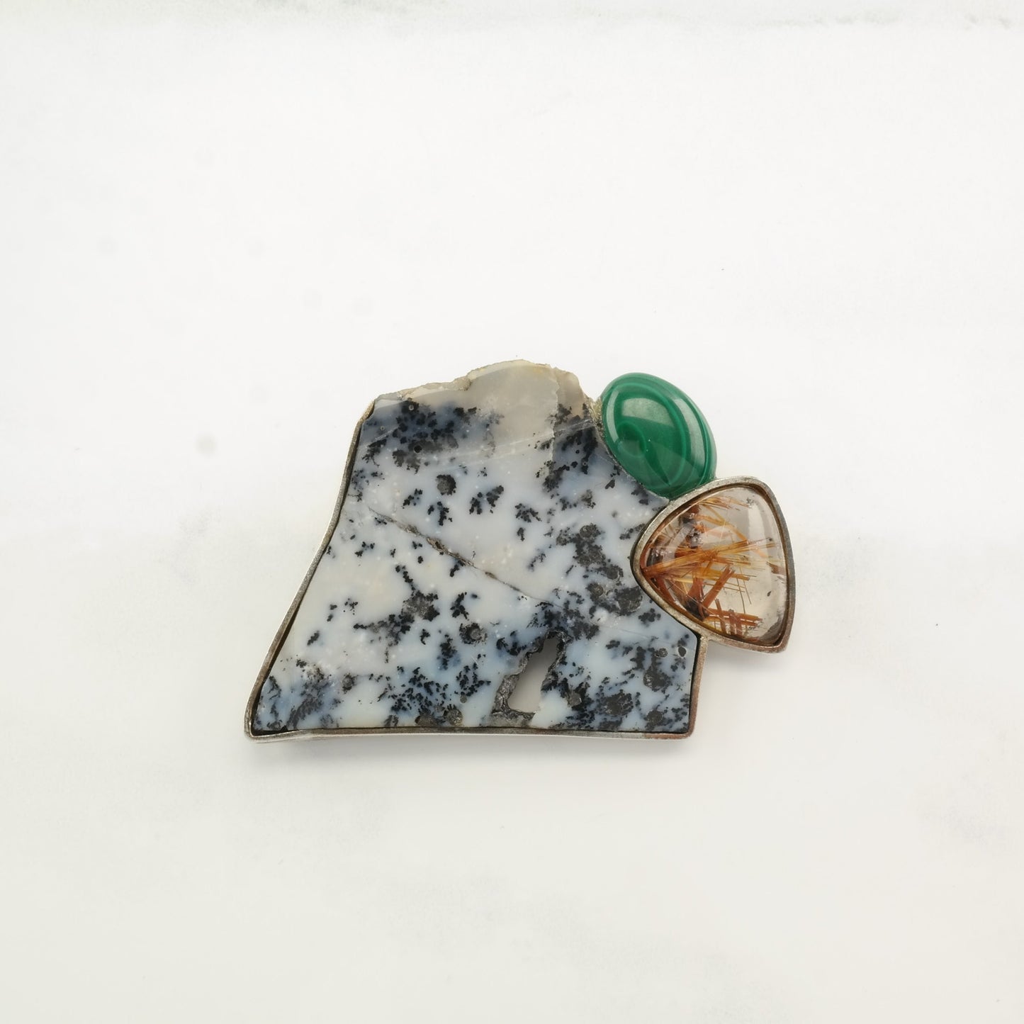 Sterling Silver Brooch Dendric Agate Malachite Rutile Quartz