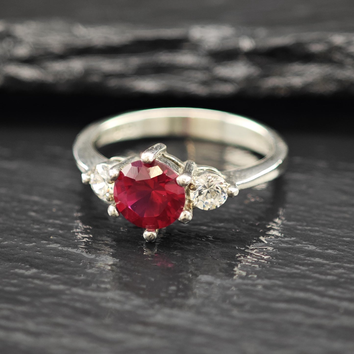 Sterling Silver Ring Lab Ruby Center Stone Size 7 CZ Details R6189