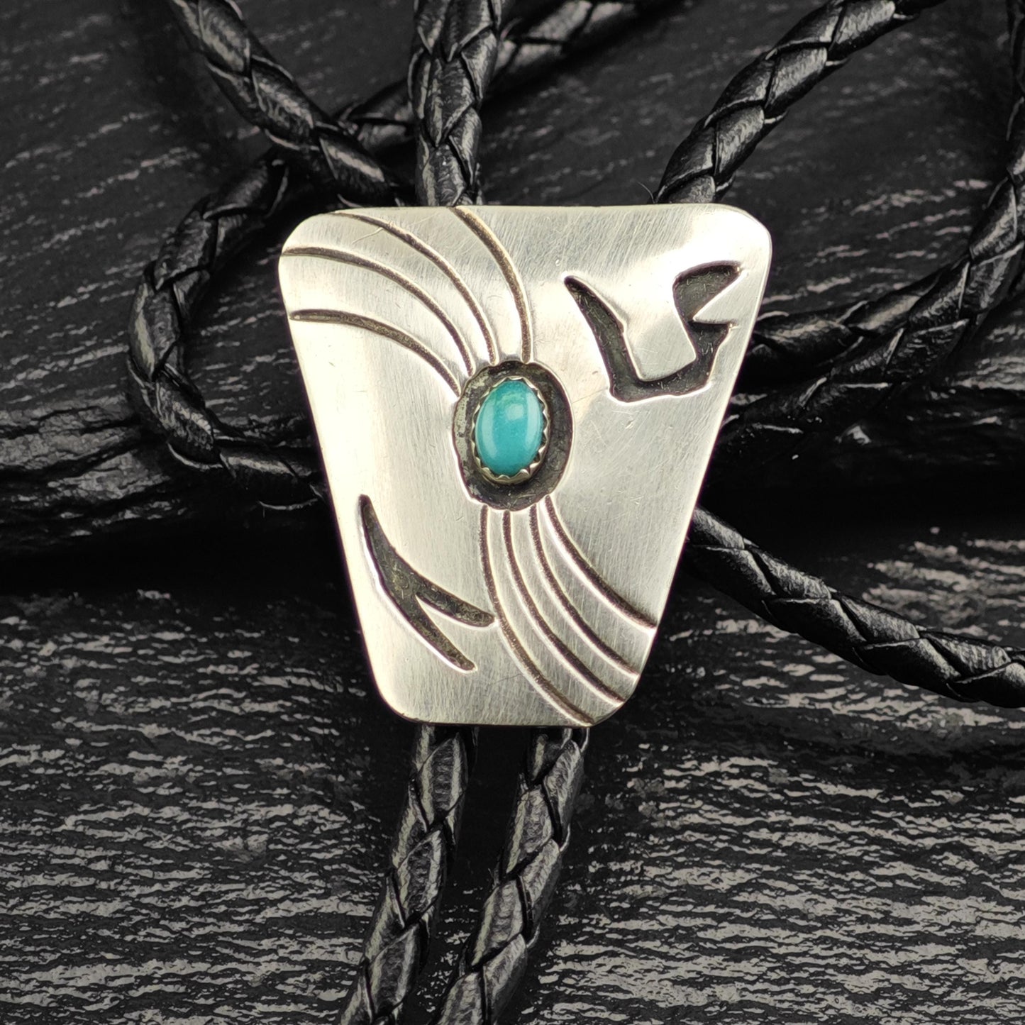 Vintage Native American Sterling Silver Turquoise Overlay Bolo Tie Necklace N2741