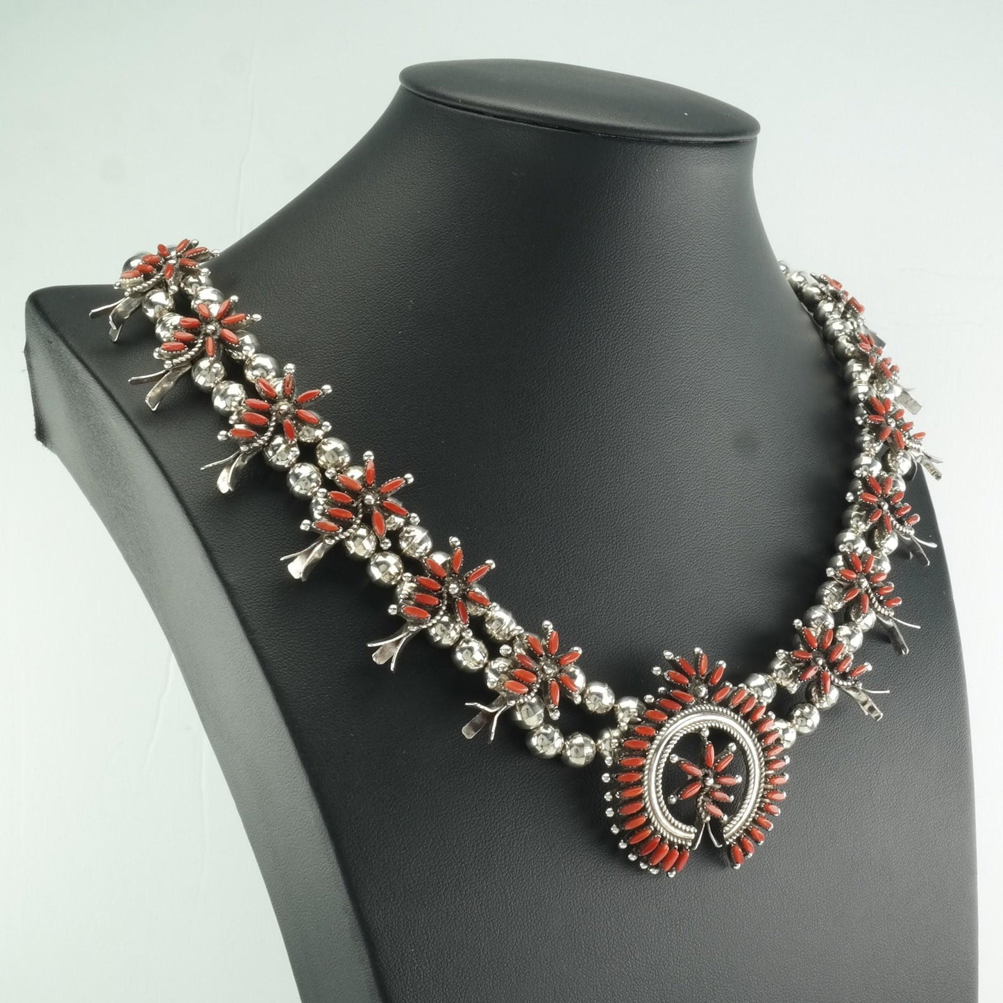Zuni Sterling Silver Red Coral Petit Point Floral Squash Blossom Necklace 28" N2208
