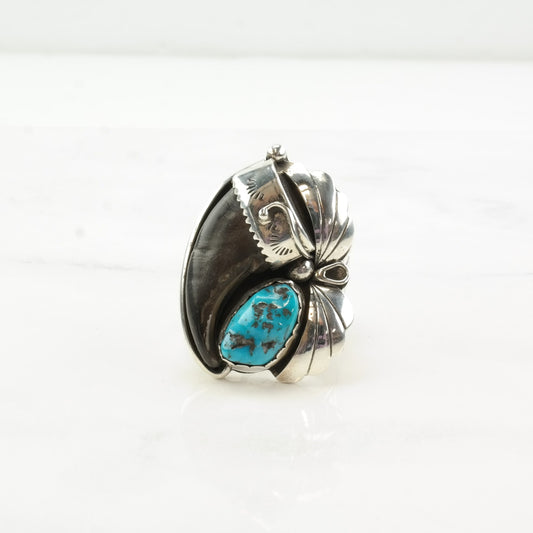 Native American Silver Ring Turquoise Fang Leaf Stamped Sterling Size 9 1/2