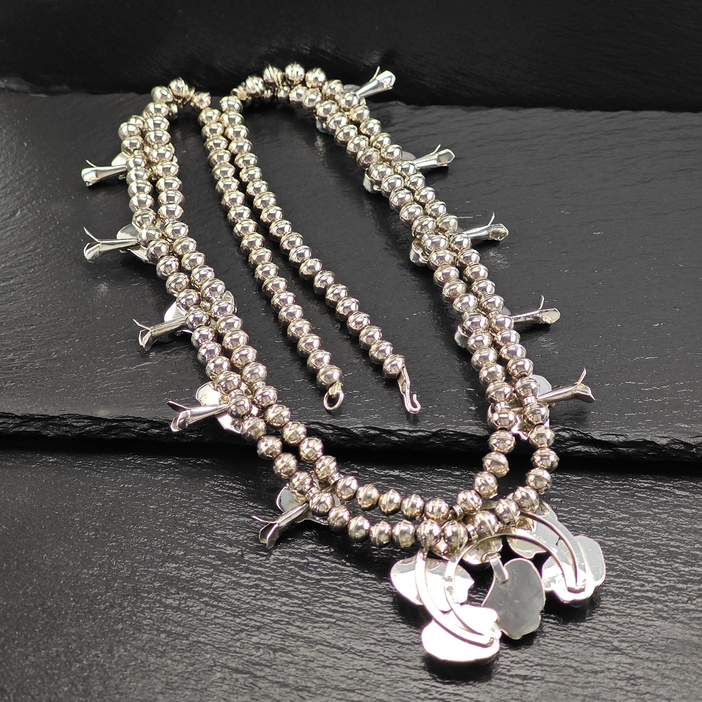 Native American Blue Sleeping Beauty, Floral Squash Blossom Necklace Sterling Silver