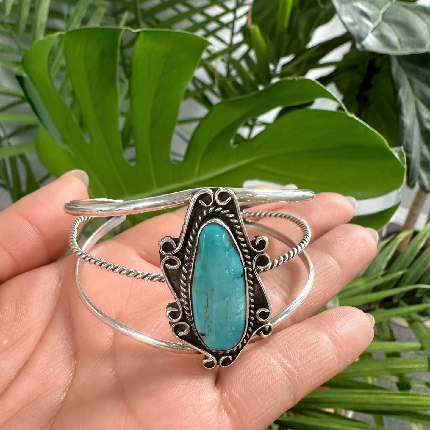 Native American Blue Turquoise, Shadow Box Sterling Silver Cuff Bracelet