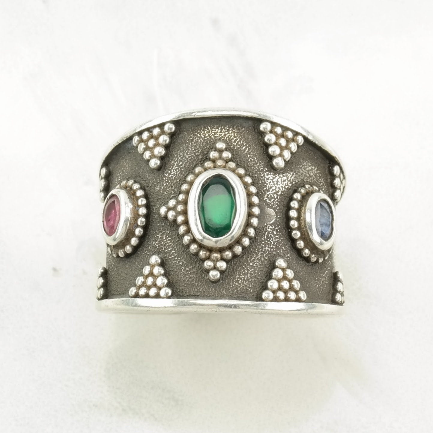 Vintage Sterling Silver Ring Sapphire, Ruby, Chrysoprase Cluster, Overlay Size 7 1/2