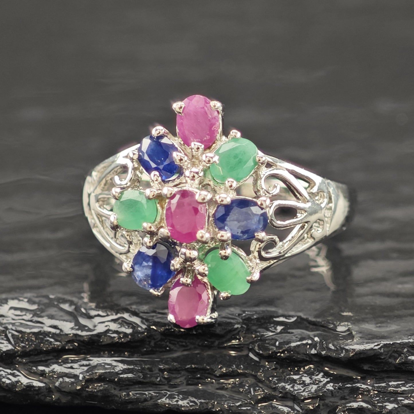 Sapphire Ruby Emerald Ring Sterling Silver Sz 6 3/4 R6210