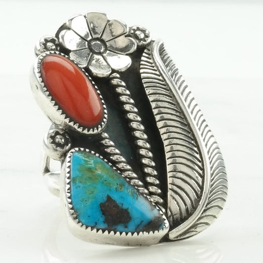 Vintage Native American Silver Ring Turquoise, Coral Flowers Sterling Size 8 3/4