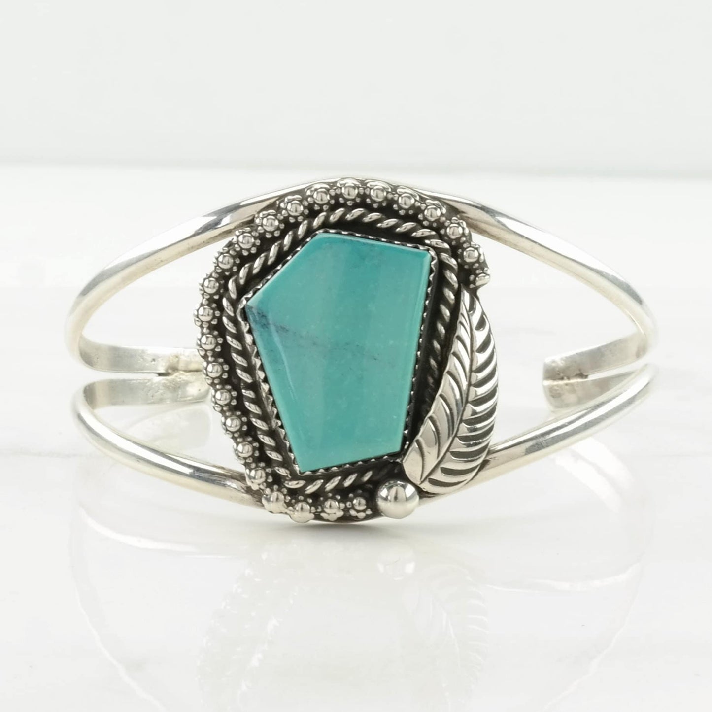 Native American Sterling Silver Cuff Bracelet Blue Turquoise Leaf