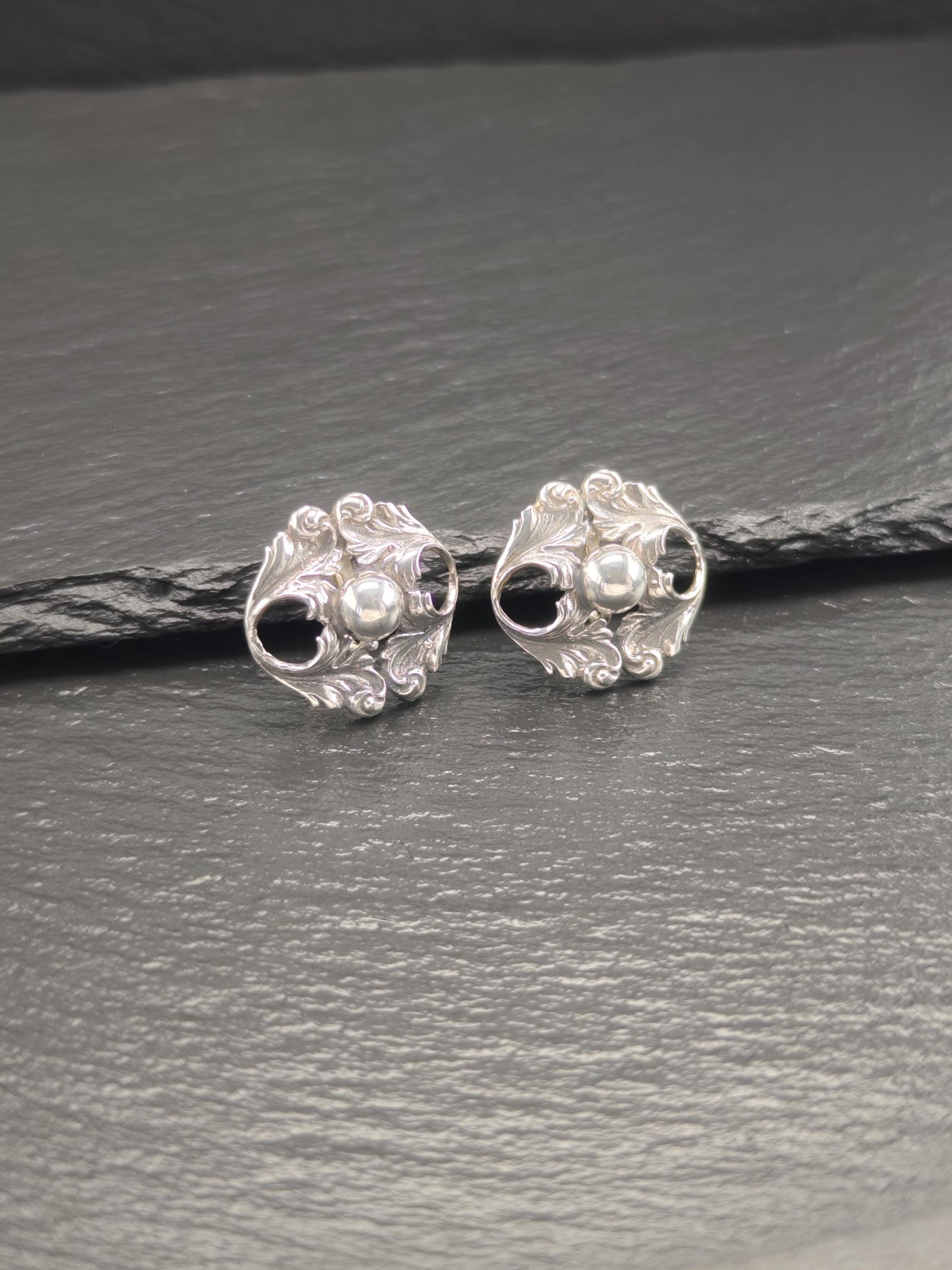 Vintage Sterling Silver Cini Floral Clip-On Earrings Art Nouveau Style