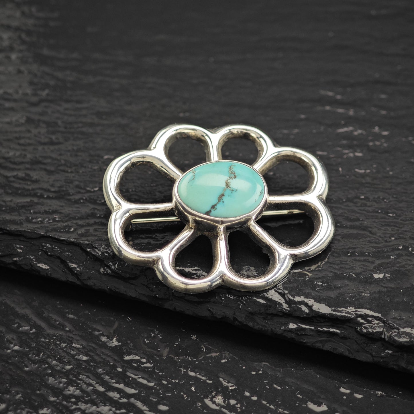Southwest Sandcast, Blue Turquoise Brooch Sterling Silver