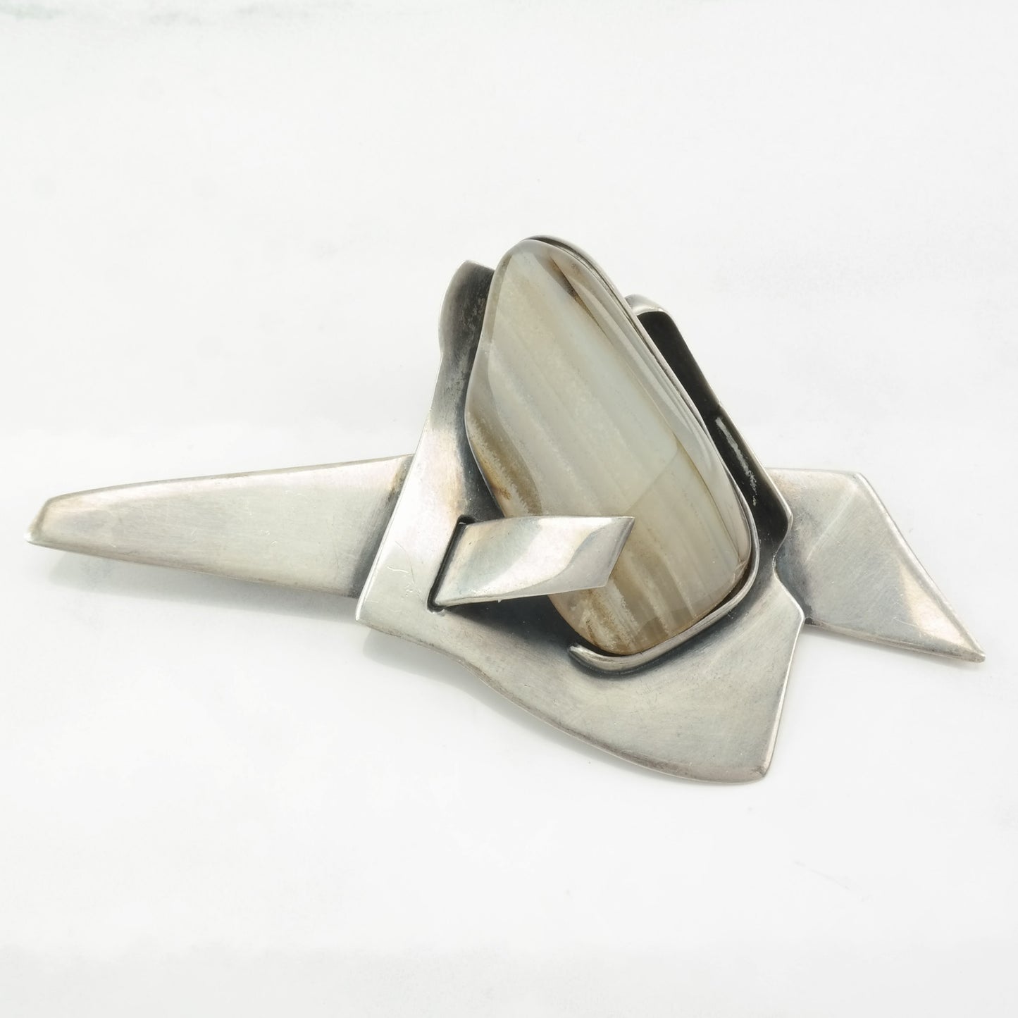 Modernist Sterling Silver Agate Brooch Abstract