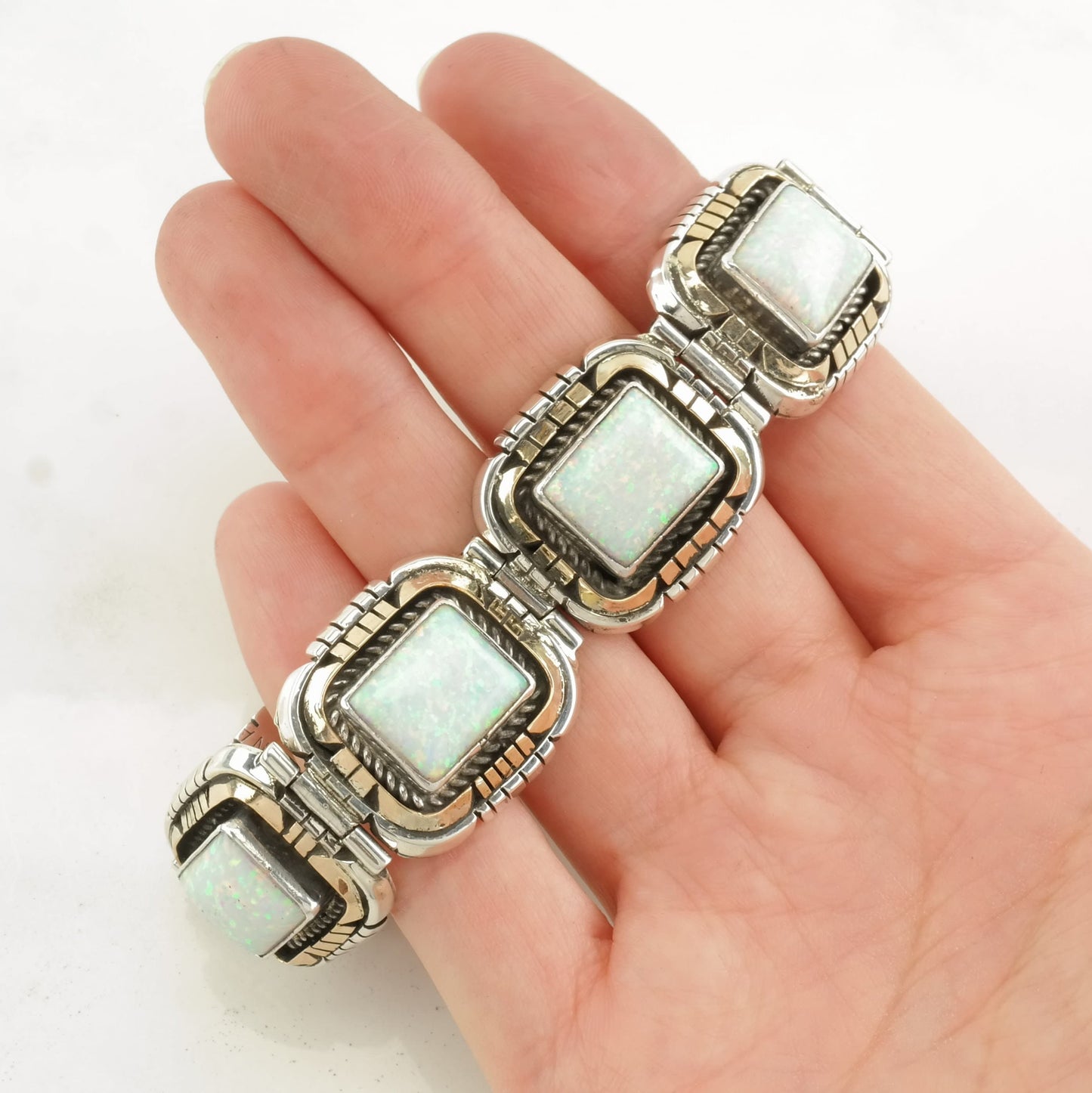 Navajo Sterling Silver Link Bracelet Lab Opal Two Tone