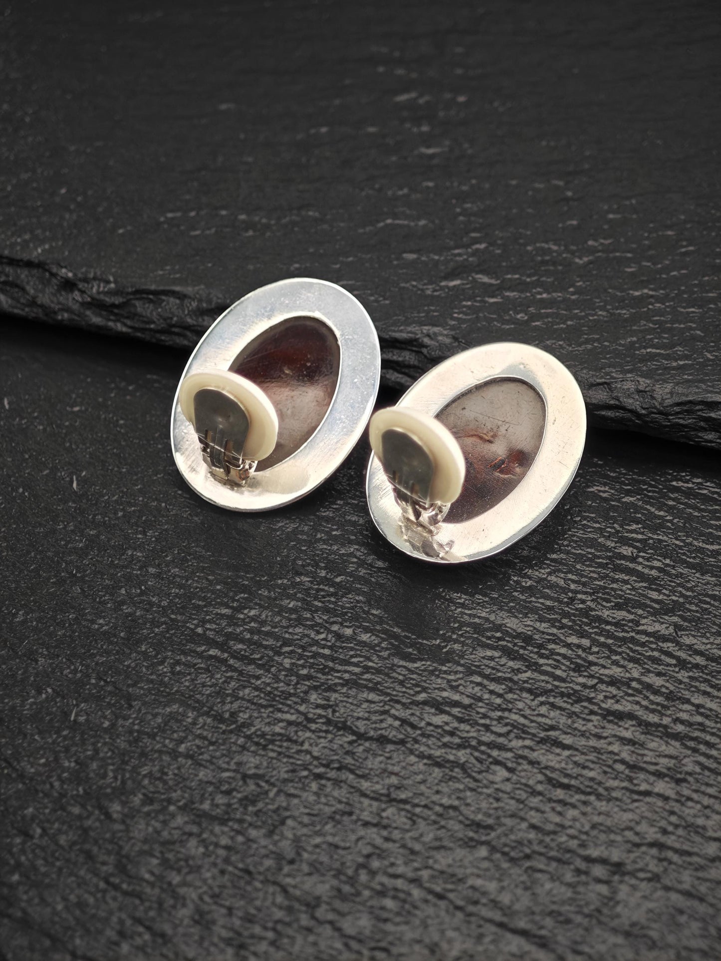 Large Modernist Amber Sterling Silver Clip On Earrings