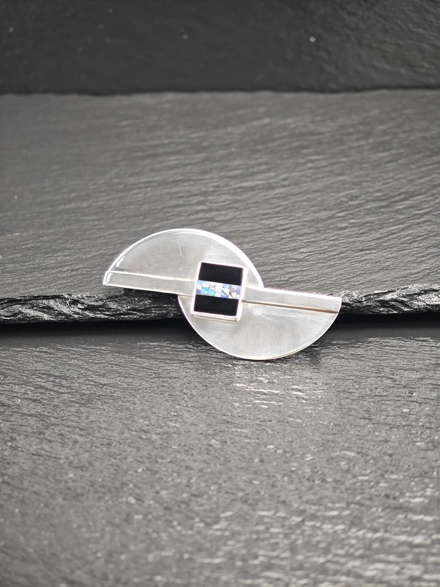 Modernist Opal, Onyx Brooch Sterling Silver