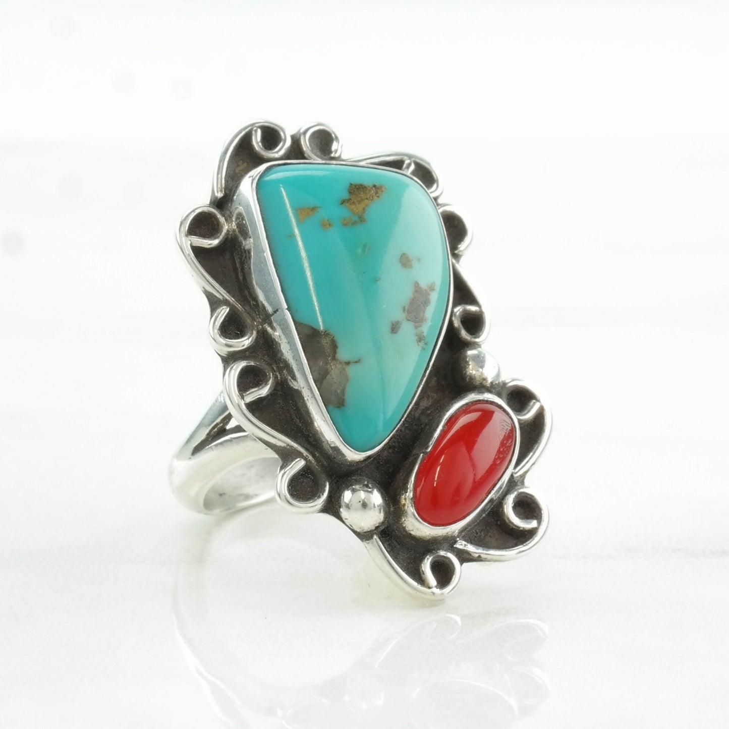 Native American Silver Ring Turquoise, Coral Sterling Size 6 3/4