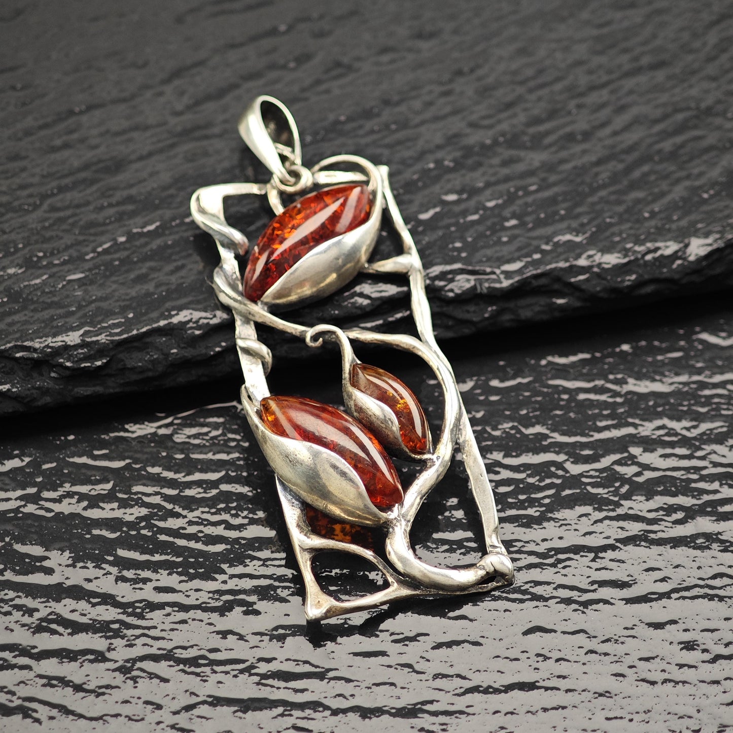 Art Nouveau Style Amber, Floral Pendant Sterling Silver