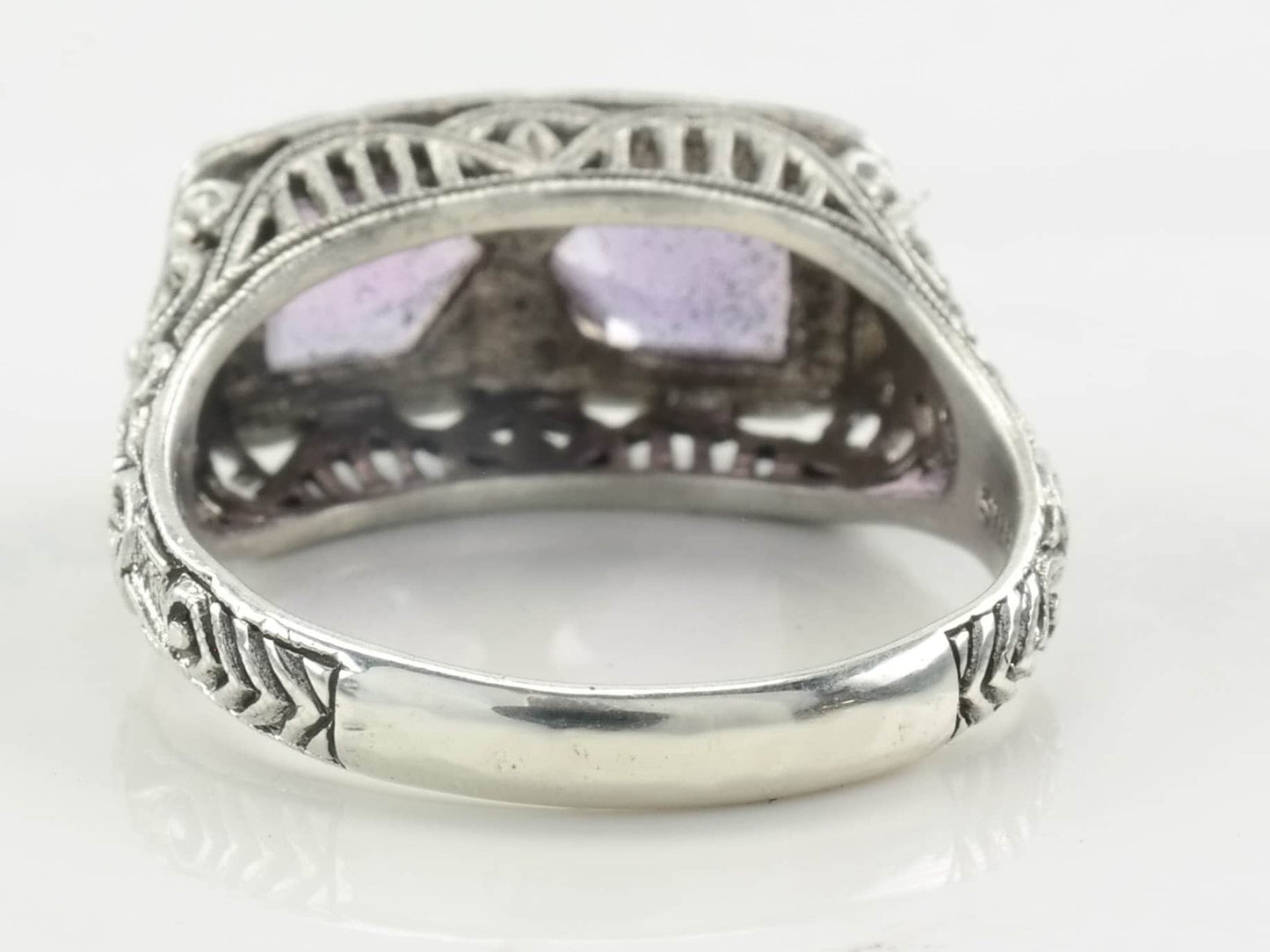 Sterling Silver Ring Double Amethyst, Gemstone, Floral, Filigree Size 6 3/4