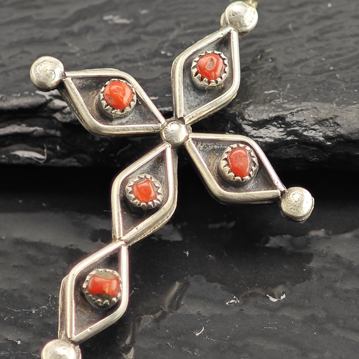 Reversible Zuni Turquoise, Coral Cross Sterling Silver Pendant P3143
