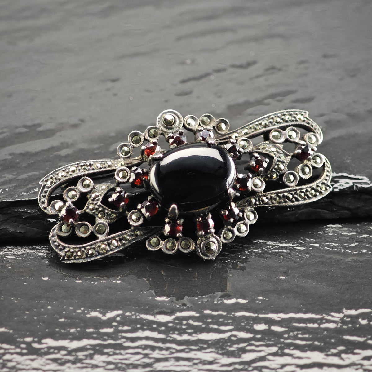 Art Deco Onyx, Garnet Sterling Silver Brooch B2270