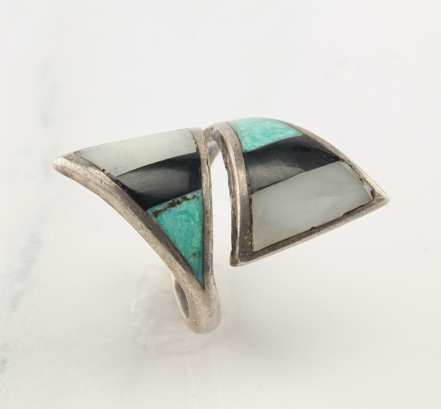 Southwest Silver Ring Turquoise, MOP, Jet Oval Sterling Size 8 3/4