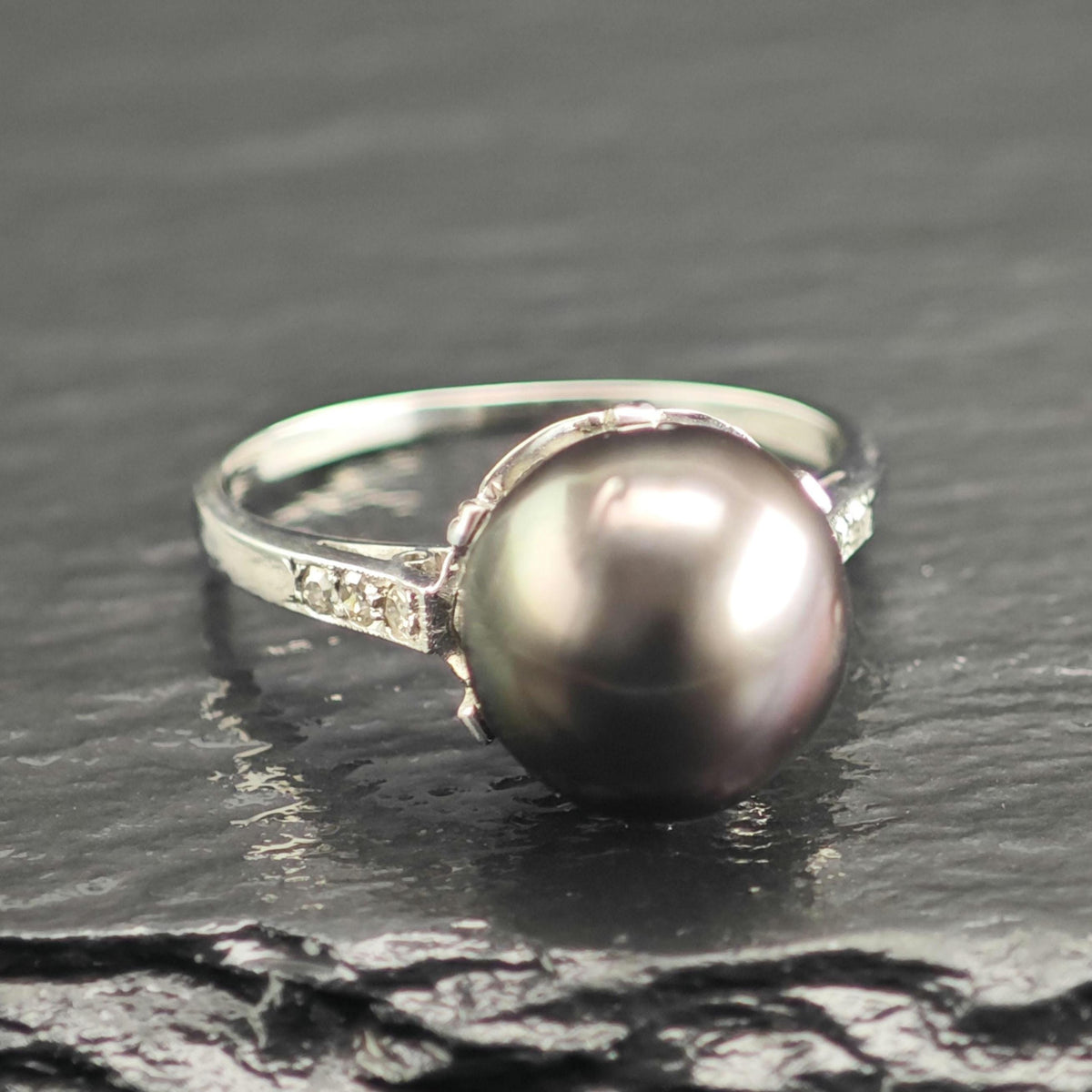 Diamond & 11mm Tahitian Pearl Platinum Ring Sz 7 1/2 R6760