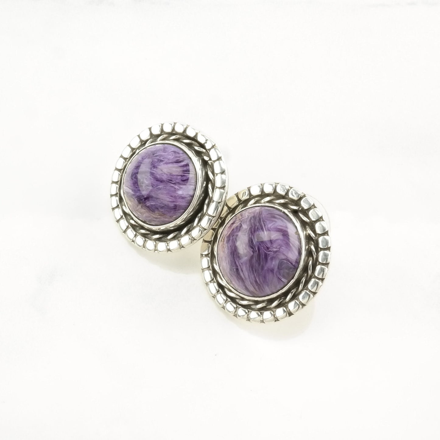 Vintage Sterling Silver Stud Earrings Native American Purple Charoite Circle