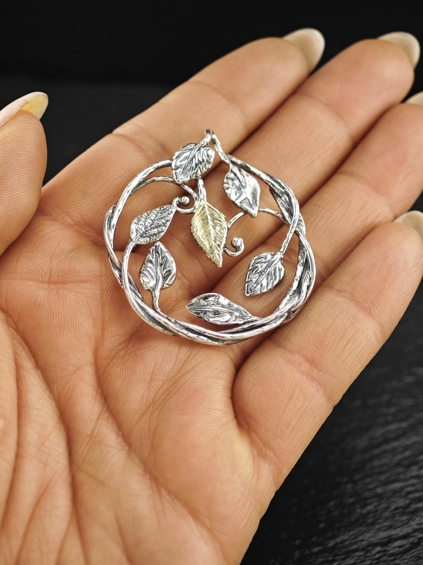 PZ Israel, 14K Gold Accent Leaf Pendant Sterling Silver P2733