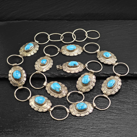 Vintage SW Turquoise Concho Sterling Silver Hook Belt
