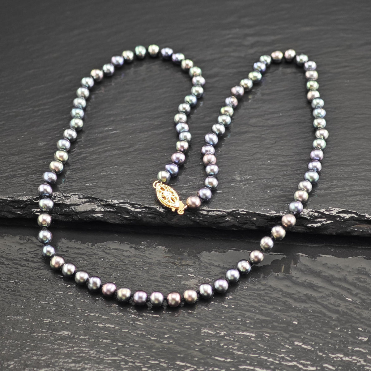 Dark Blue 4.5mm Pearls 14K Gold Clasp Beaded Necklace N2774