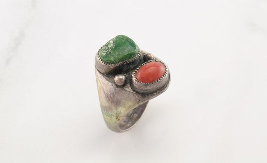 Sterling Silver Ring Cerillos Turquoise Coral Size 6.5