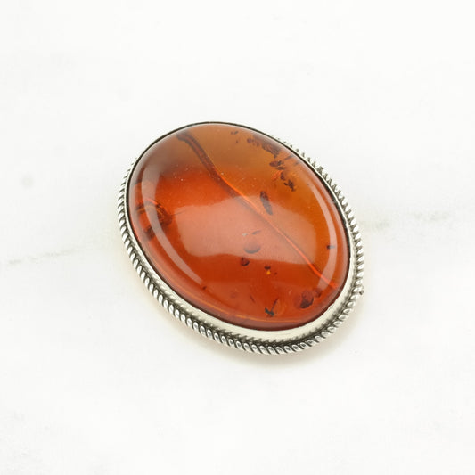 Vintage Orange Silver Brooch Pendant Large Amber Sterling