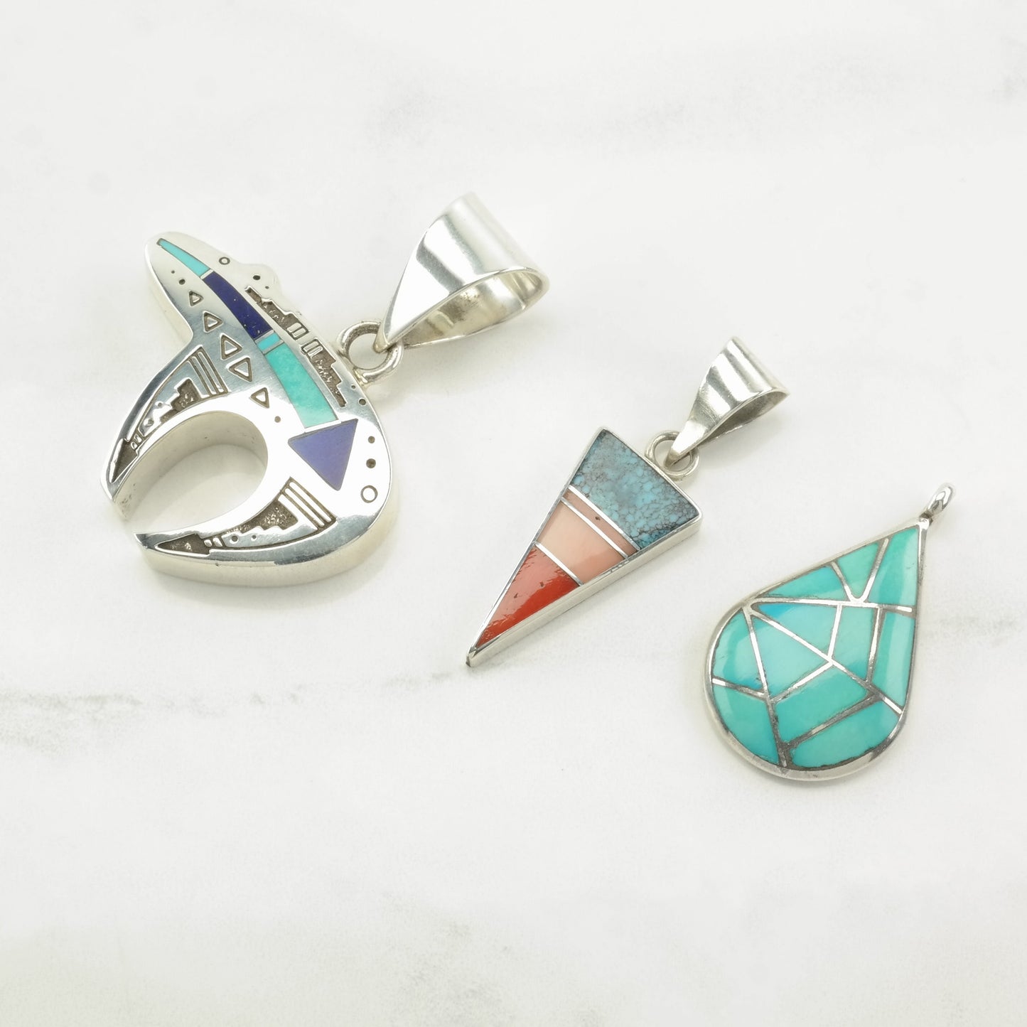 Vintage Native American Turquoise, Multi Gem Inlay Sterling Silver Pendant